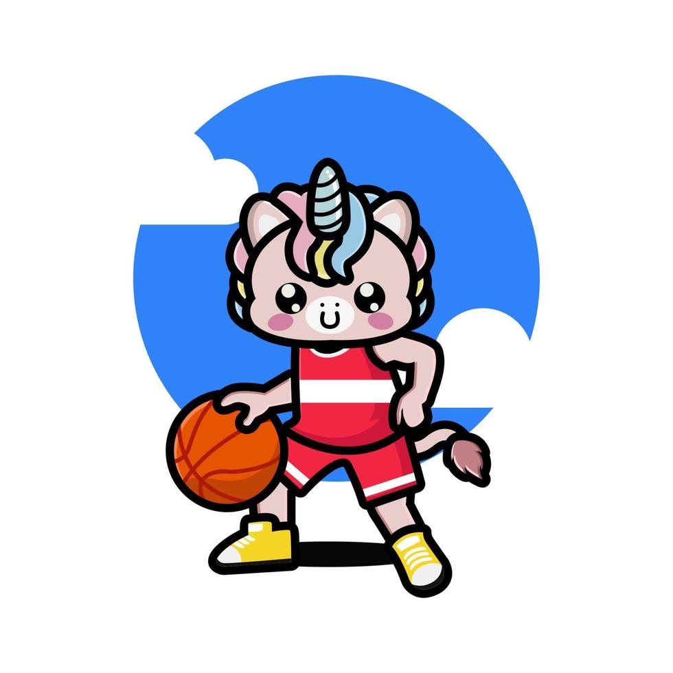 heureuse licorne mignonne jouant au basket vecteur