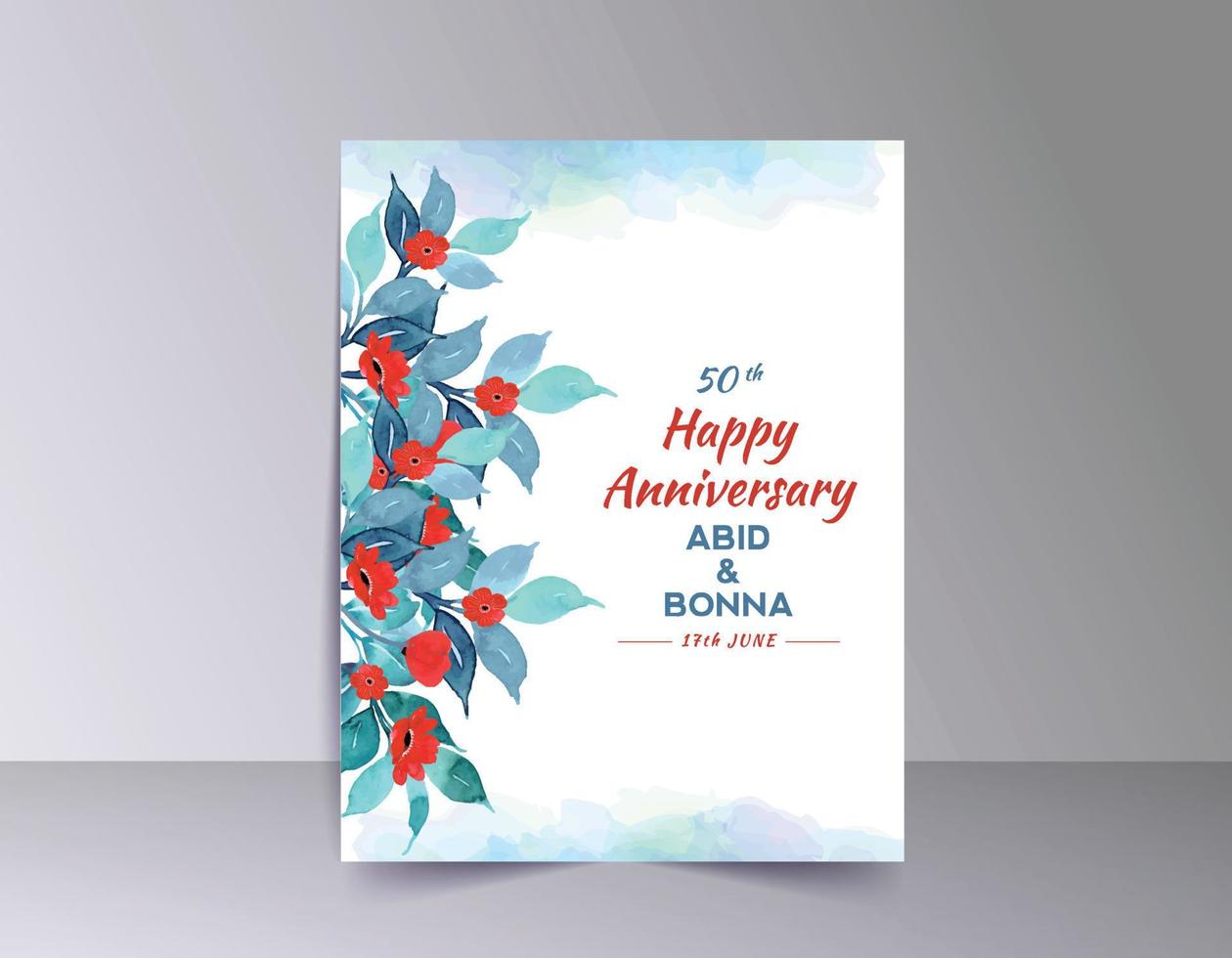 feuilles cyan et carte d'anniversaire fleur rouge avec fond aquarelle vecteur