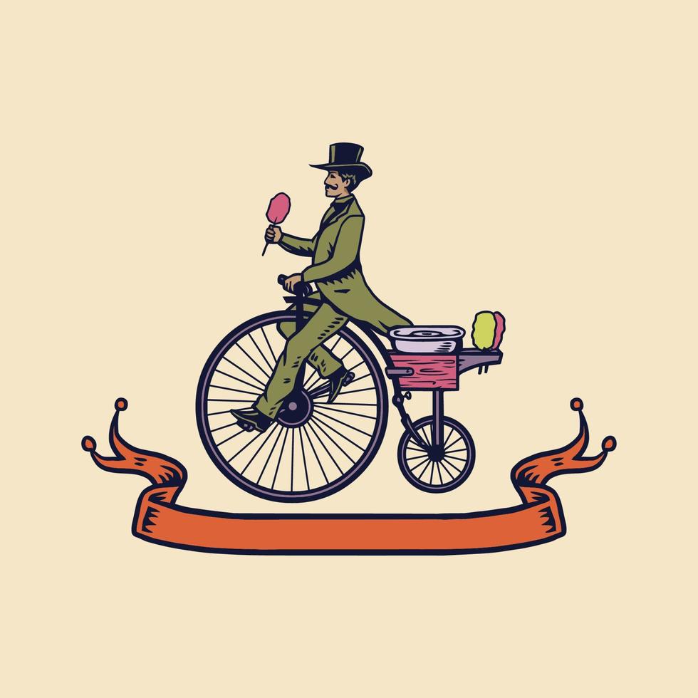barbe à papa et illustration de vélo classique utilisant un style de dessin à la main poursuivi avec la coloration numérique, il s'agit d'une combinaison de style de dessin à la main et de couleur numérique vecteur