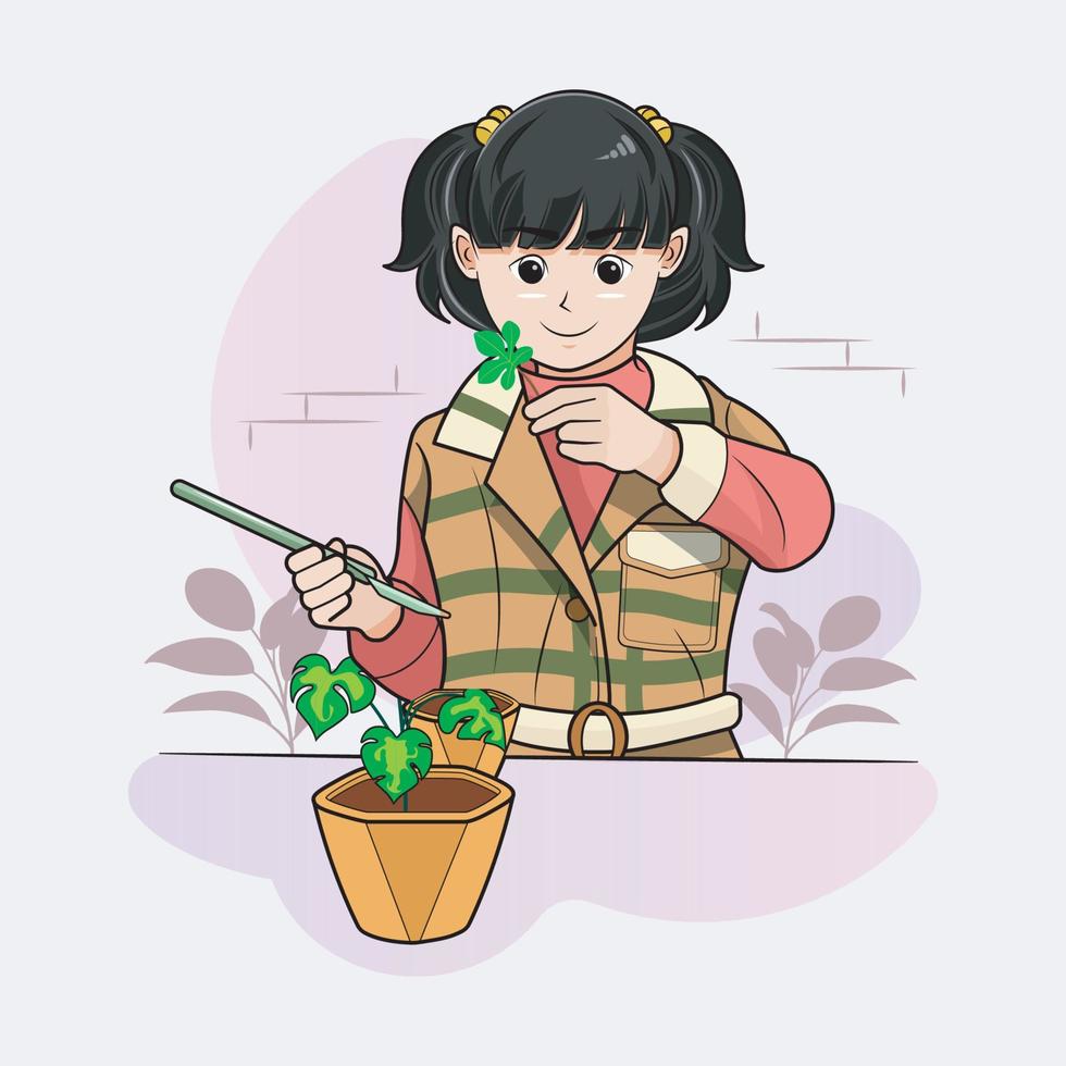 illustration de style de vie hygge. petite fille cultivant des plantes à la maison illustration vectorielle téléchargement pro vecteur