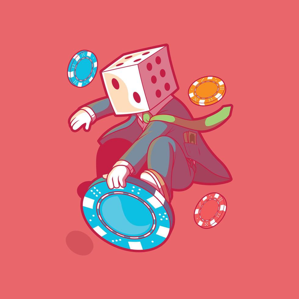 personnage de tête de dés surfant sur une illustration vectorielle de jeton de casino. jeu, chance, concept de design d'argent. vecteur