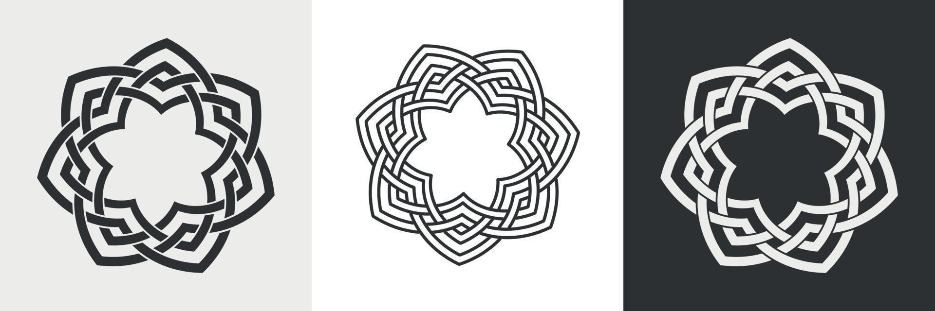 ensemble de cadre décoratif. logo pensionnaire circulaire. couronne de motif symétrique. décor de silhouette, ornement d'art en ligne, corde d'inversion. illustration vectorielle vecteur