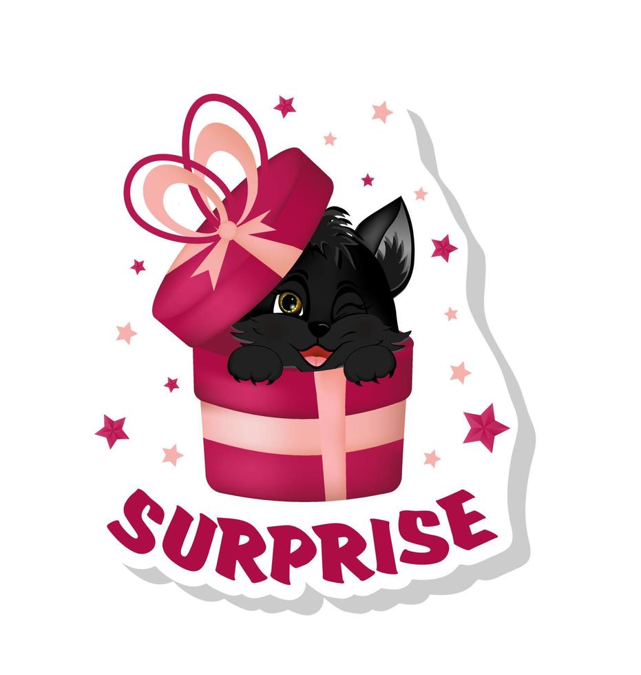 autocollant avec mignon petit chat noir assis dans une boîte cadeau. vecteur