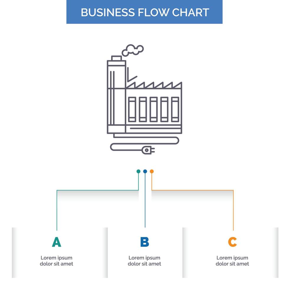 consommation. Ressource. énergie. usine. conception d'organigramme d'entreprise de fabrication en 3 étapes. icône de ligne pour le modèle d'arrière-plan de présentation place pour le texte vecteur