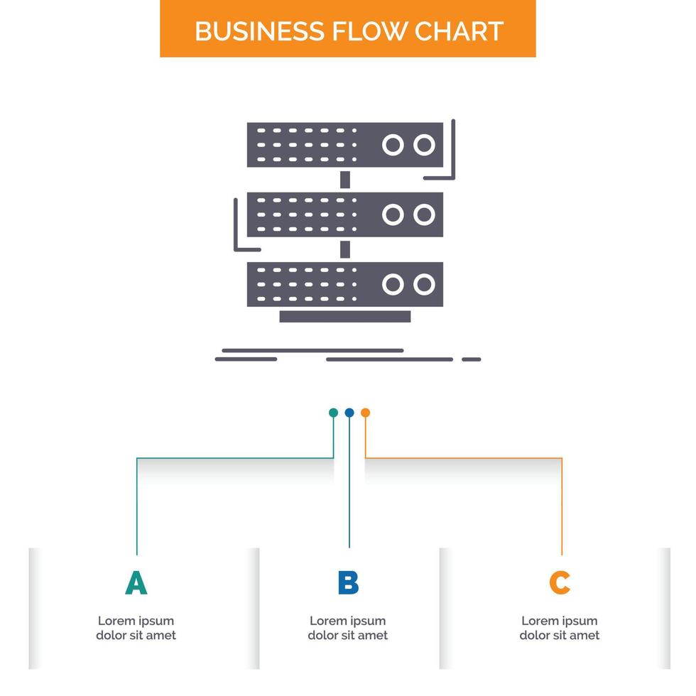 serveur. stockage. étagère. base de données. conception d'organigramme de données en 3 étapes. icône de glyphe pour la place du modèle d'arrière-plan de présentation pour le texte. vecteur