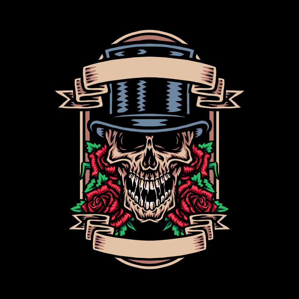 crâne en chapeau mafieux avec fleur rose, illustration vectorielle vecteur