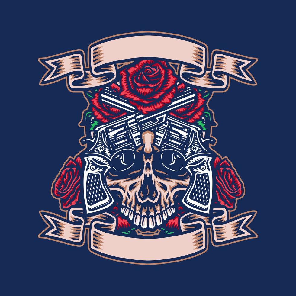 crâne avec des fusils et des roses, ligne dessinée à la main avec couleur numérique, illustration vectorielle vecteur