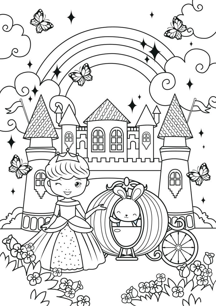 Coloriage mignon princesse et lapin dans le château magique vecteur