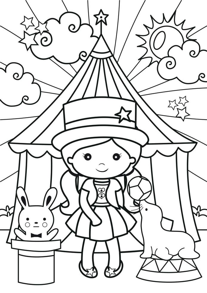 page de coloriage pour enfants avec jolie fille et amis dans une tente de cirque vecteur