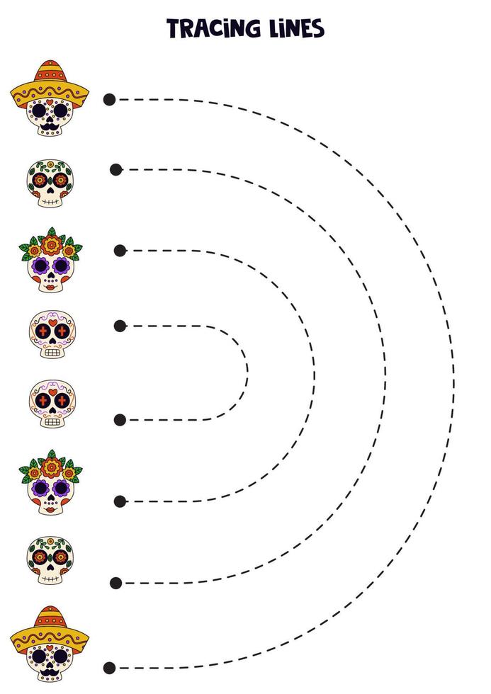 tracer des lignes pour les enfants. crânes mexicains dessinés à la main. pratique de l'écriture. vecteur