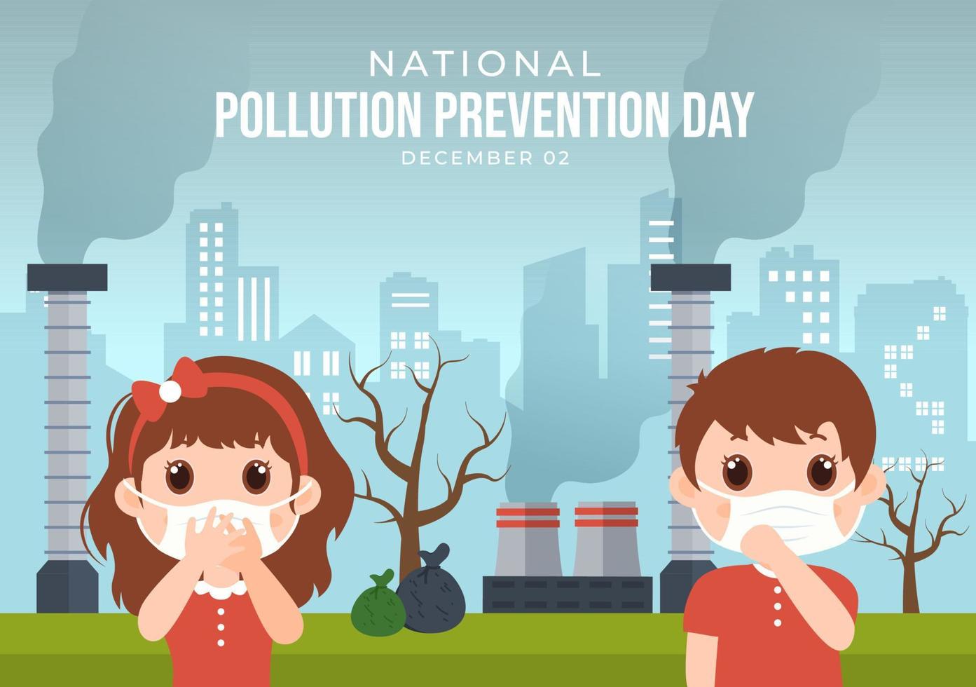 journée nationale de prévention de la pollution pour la campagne de sensibilisation sur les problèmes d'usine, de forêt ou de véhicule dans le modèle illustration plate de dessin animé dessiné à la main vecteur