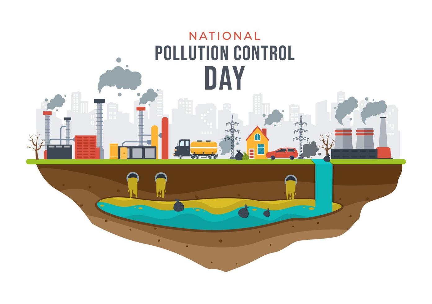 journée nationale de prévention de la pollution pour la campagne de sensibilisation sur les problèmes d'usine, de forêt ou de véhicule dans le modèle illustration plate de dessin animé dessiné à la main vecteur