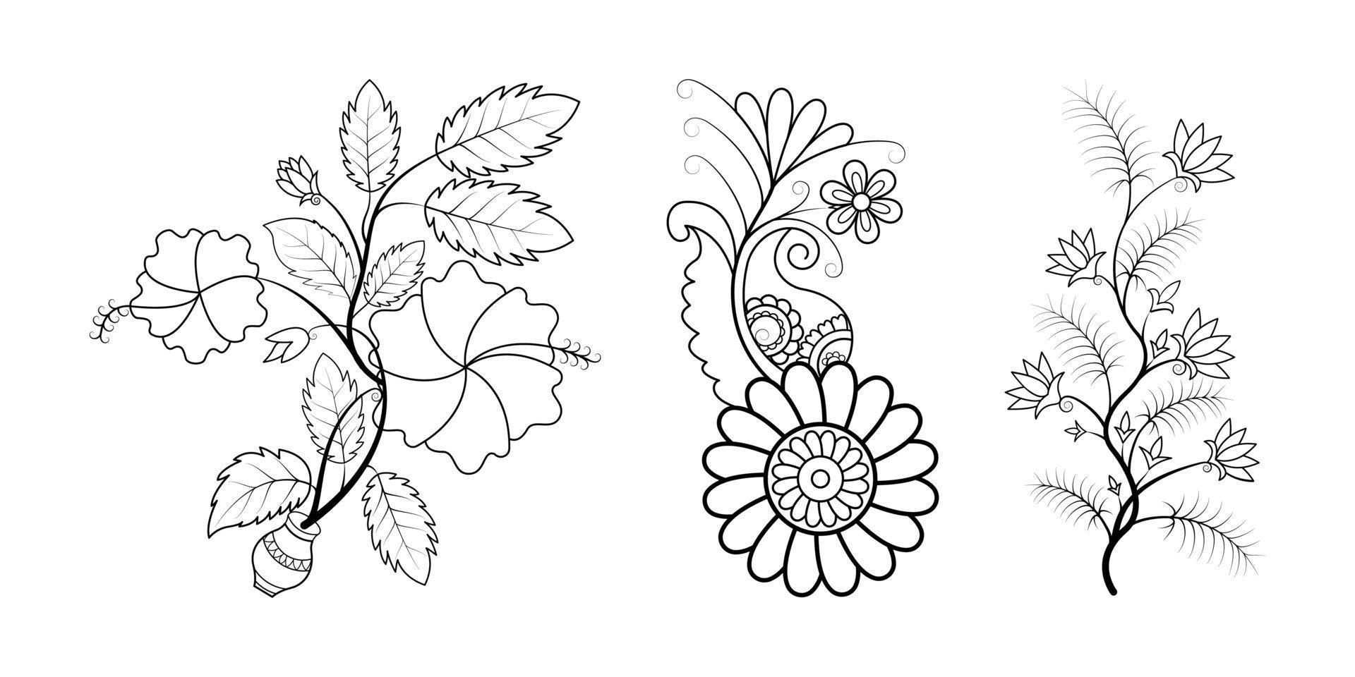 ensemble de pages de coloriage de fleurs simples dessinées à la main pour enfants et adultes vecteur