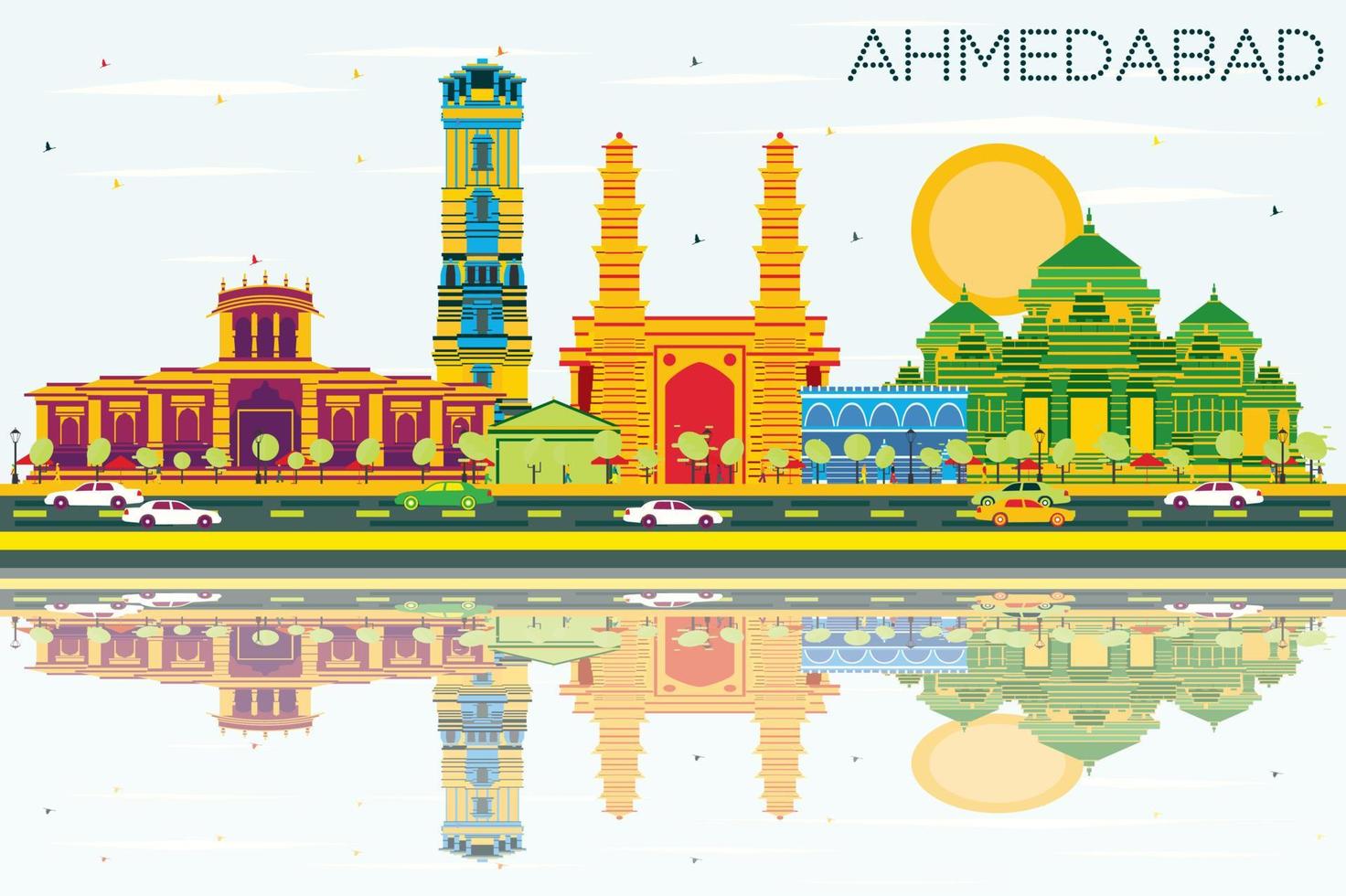 horizon d'ahmedabad avec des bâtiments de couleur, un ciel bleu et des reflets. vecteur