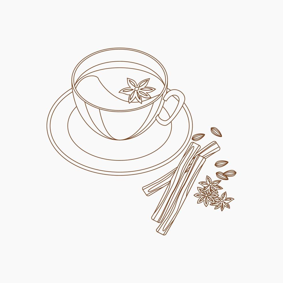 masala chai vue de dessus trois quarts modifiable avec garniture d'anis étoilé et autres épices aux herbes illustration vectorielle dans le style de contour pour l'élément d'illustration de boissons avec la culture et la tradition sud-asiatiques vecteur