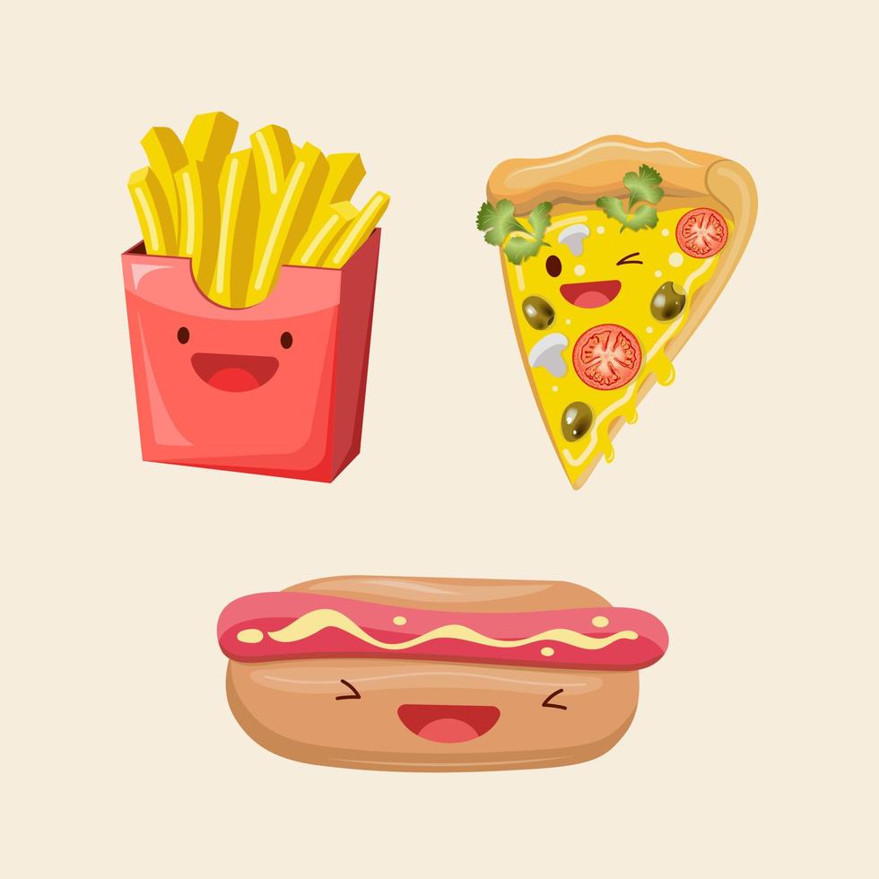 hot dog, frites et part de pizza. illustration mignonne d'icône de vecteur. logos de dessin animé kawaii autocollant. notion de restauration rapide. style de dessin animé plat adapté à la page de destination web, à la bannière, à l'autocollant. vecteur