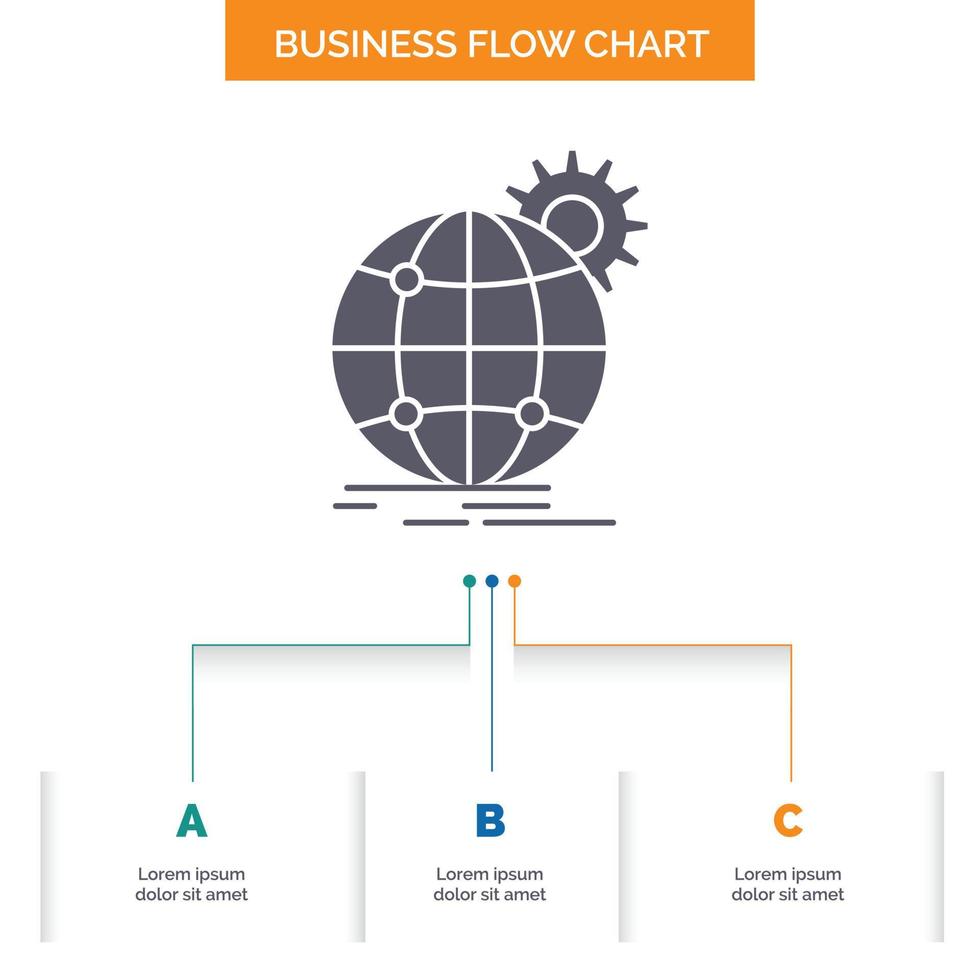 international. Entreprise. globe. à l'échelle mondiale. conception d'organigramme d'affaires d'engrenage avec 3 étapes. icône de glyphe pour la place du modèle d'arrière-plan de présentation pour le texte. vecteur