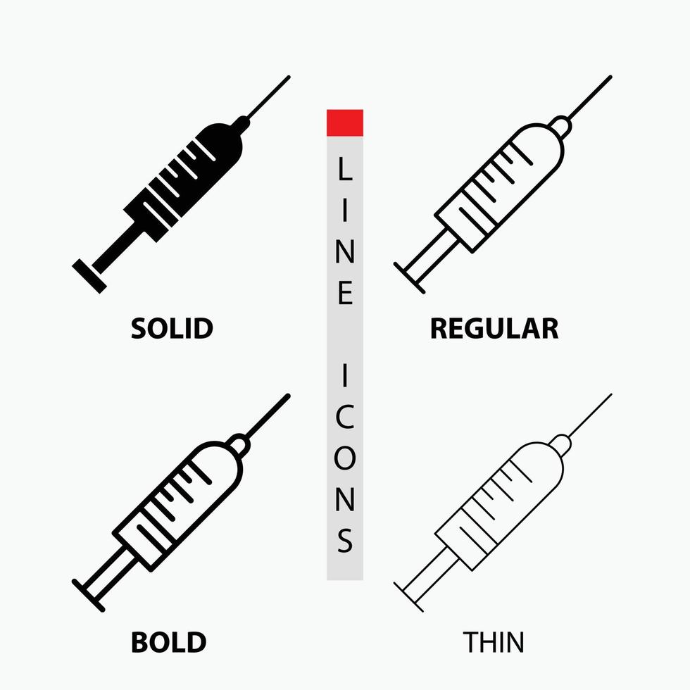 seringue. injection. vaccin. aiguille. icône de tir en fin. habituel. ligne en gras et style de glyphe. illustration vectorielle vecteur