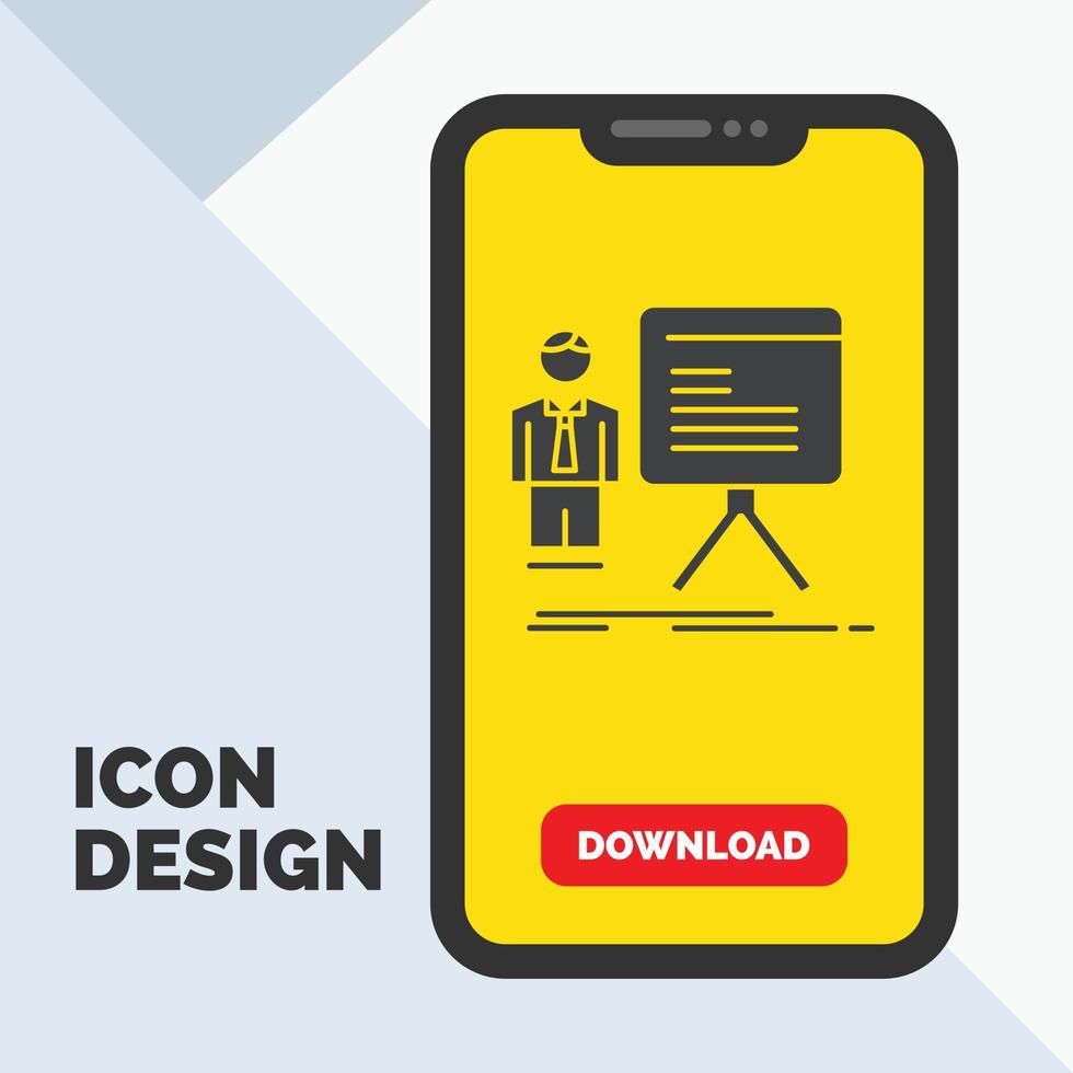 présentation. homme d'affaire. graphique. graphique. icône de glyphe de progression dans la page de téléchargement mobile. fond jaune vecteur