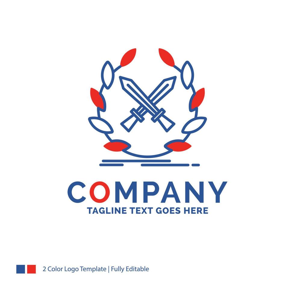 création de logo de nom de société pour la bataille. emblème. Jeu. étiquette. épées. conception de nom de marque bleu et rouge avec place pour le slogan. modèle de logo créatif abstrait pour petites et grandes entreprises. vecteur