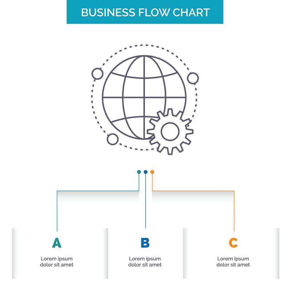 lié. en ligne. monde. globe. conception d'organigramme d'entreprise multijoueur en 3 étapes. icône de ligne pour le modèle d'arrière-plan de présentation place pour le texte vecteur