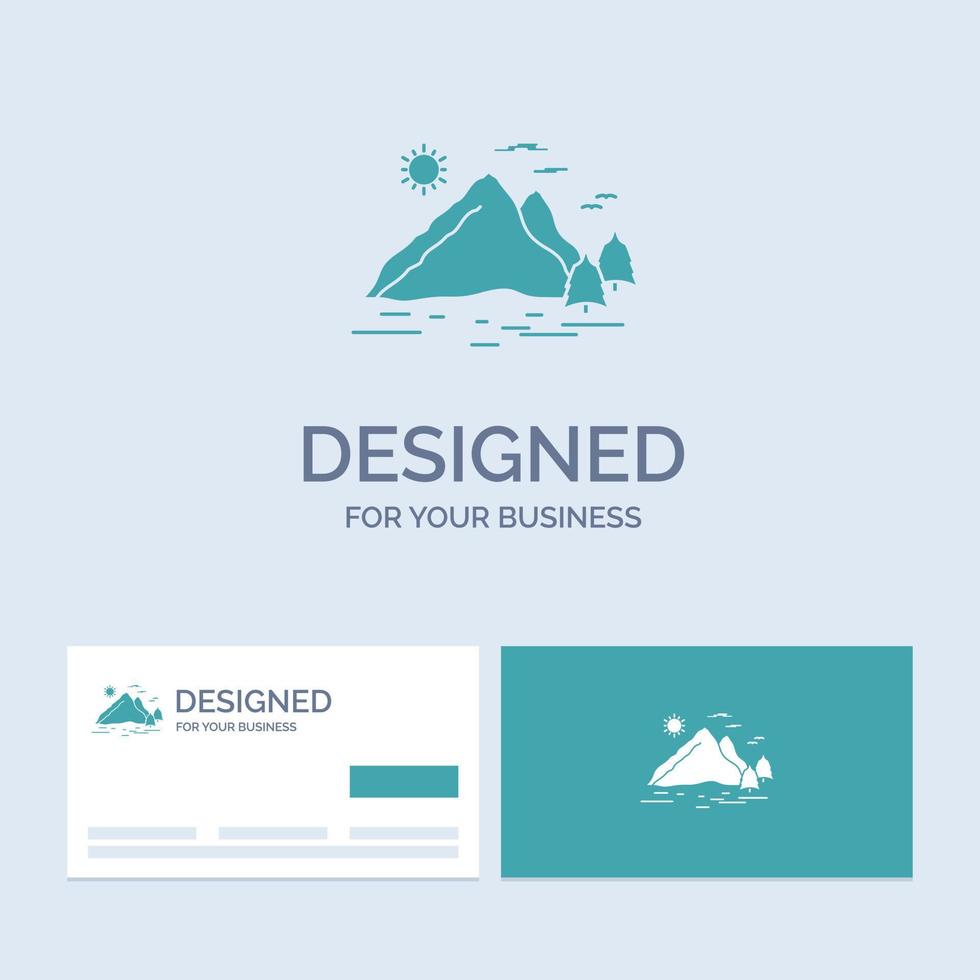 la nature. colline. paysage. Montagne. symbole d'icône de glyphe de logo d'entreprise de soleil pour votre entreprise. cartes de visite turquoise avec modèle de logo de marque. vecteur