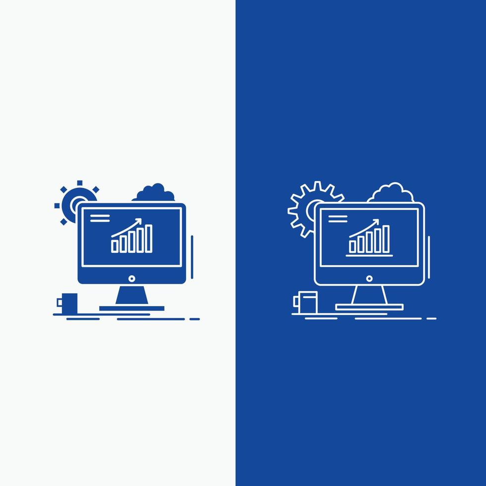 analytique. graphique. référencement. la toile. ligne de réglage et bouton web glyphe dans une bannière verticale de couleur bleue pour ui et ux. site web ou application mobile vecteur