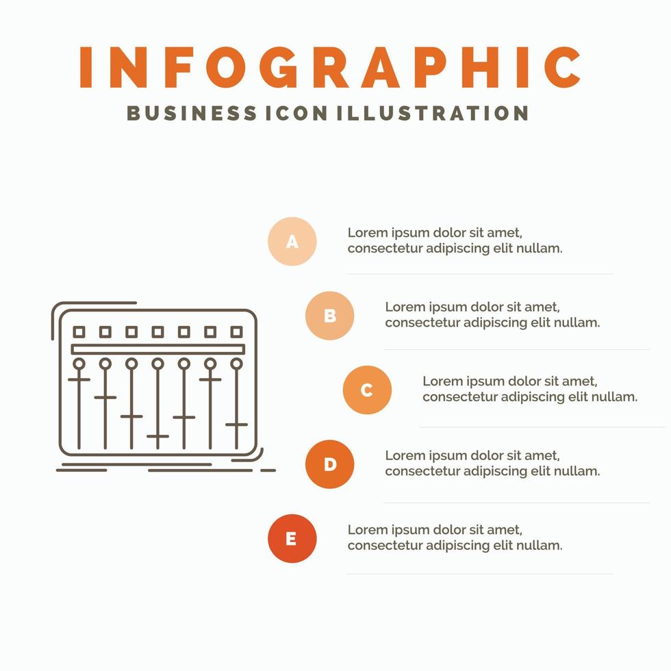 console. dj. mixer. musique. modèle d'infographie de studio pour le site Web et la présentation. icône grise de ligne avec illustration vectorielle de style infographie orange vecteur