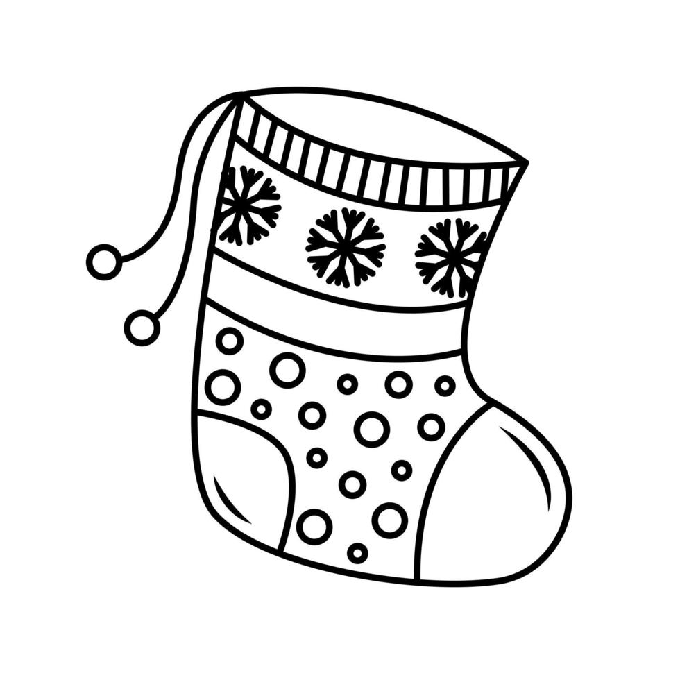 chaussette de noël avec des motifs et des flocons de neige graphique nouvel an noir et blanc croquis isolé illustration vecteur