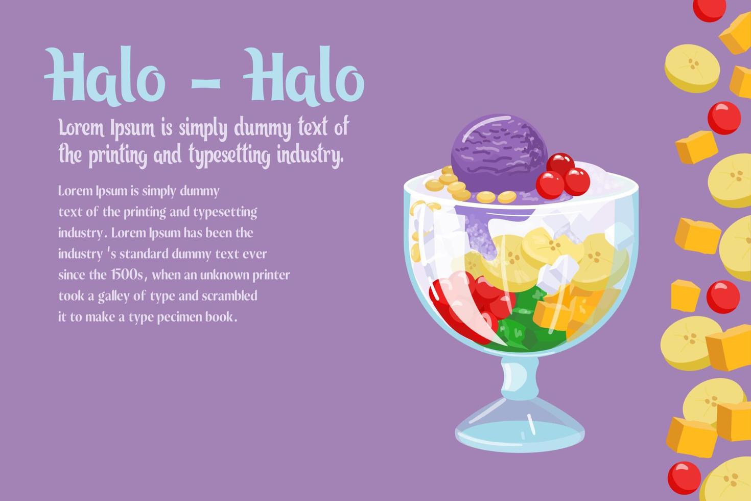 halo halo est un dessert sucré froid. un dessert très savoureux aux Philippines. dessert aux fruits mélangés sur fond violet. illustration vectorielle. vecteur