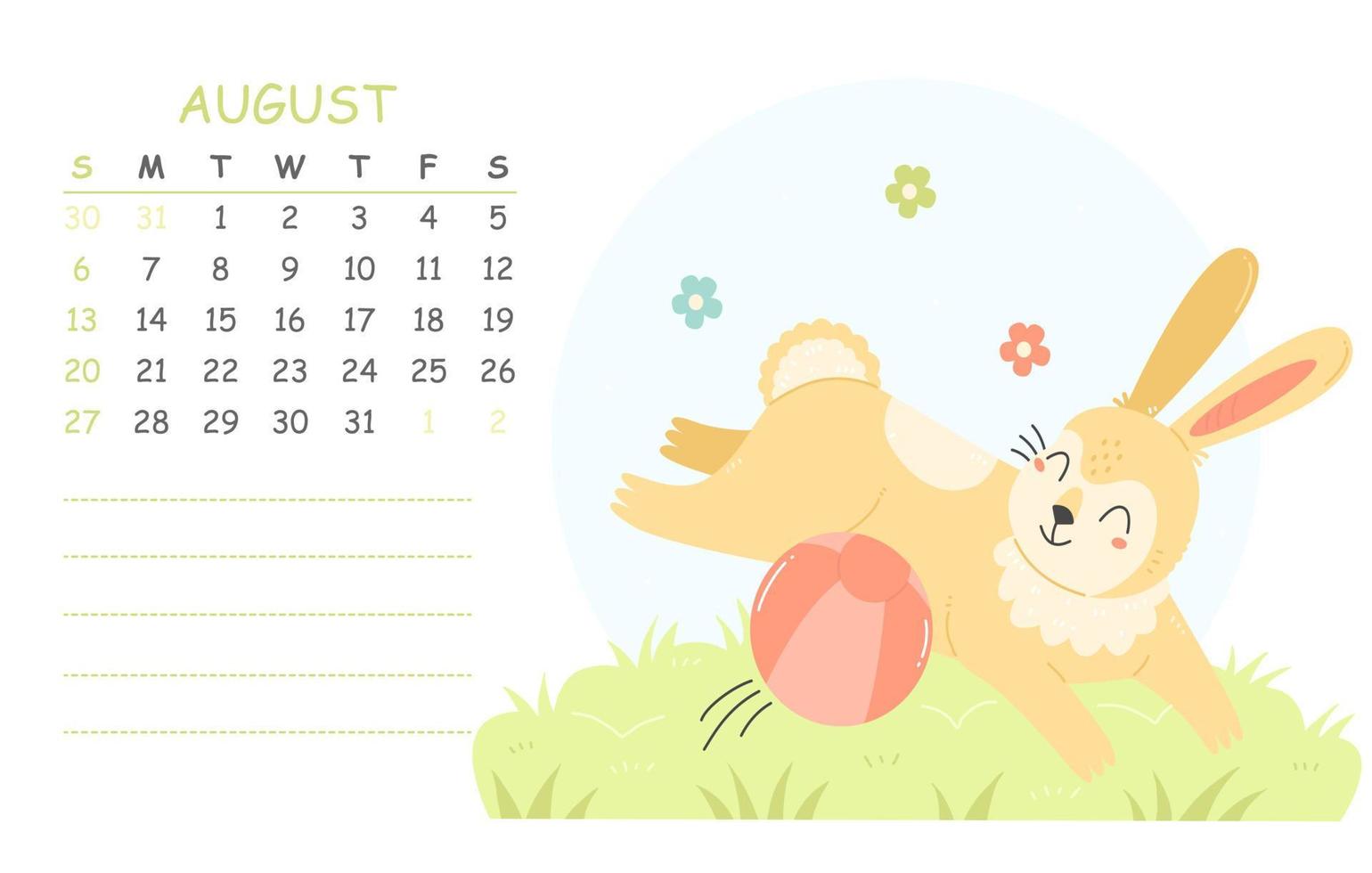 calendrier des enfants d'août pour 2023 avec une illustration d'un lapin mignon jouant avec une balle. 2023 est l'année du lapin. page de calendrier d'illustration d'été de vecteur. vecteur