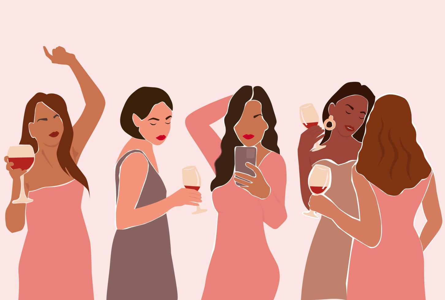 belles filles en robes de soirée avec des verres de vin à la main. jeunes femmes lors d'une fête, buvant, dansant, prenant des selfies. graphiques vectoriels. vecteur