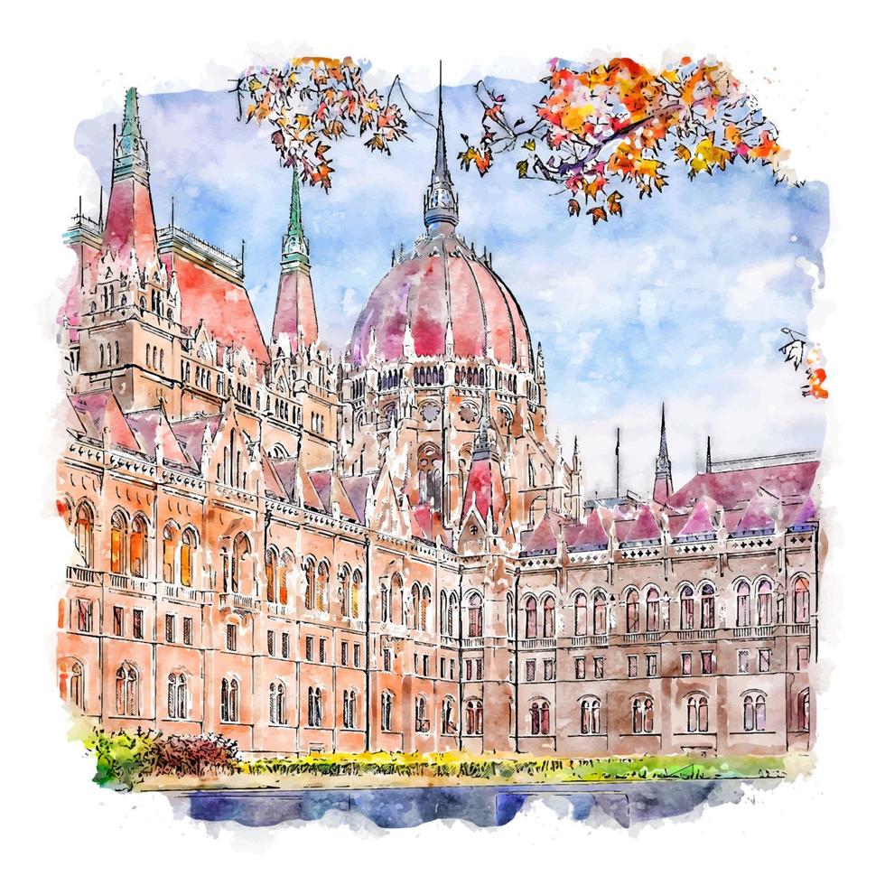 parlement budapest hongrie croquis aquarelle illustration dessinée à la main vecteur