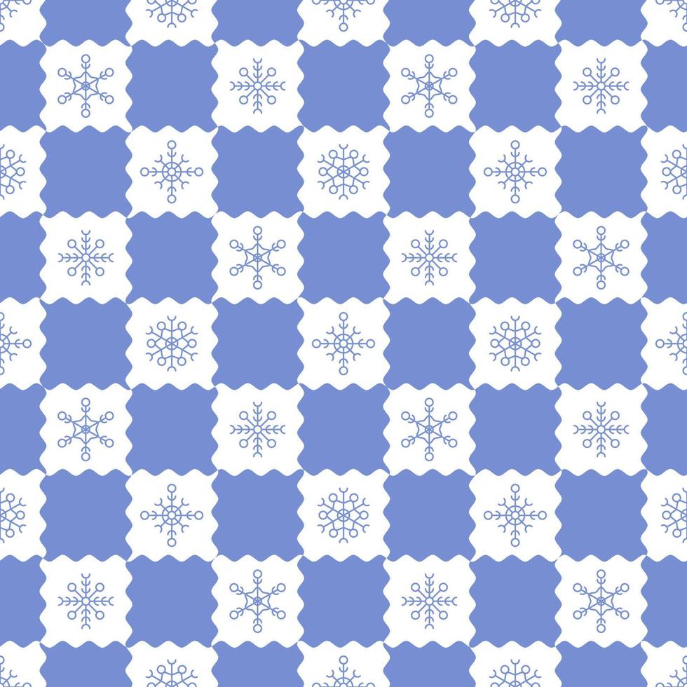 modèle sans couture de noël avec des flocons de neige sur l'échiquier. fond de motif amusant psychédélique groovy y2k. toile de fond bleu pastel d'hiver pour l'emballage, le papier peint, les modèles d'impression, le textile, le papier de scrapbooking vecteur