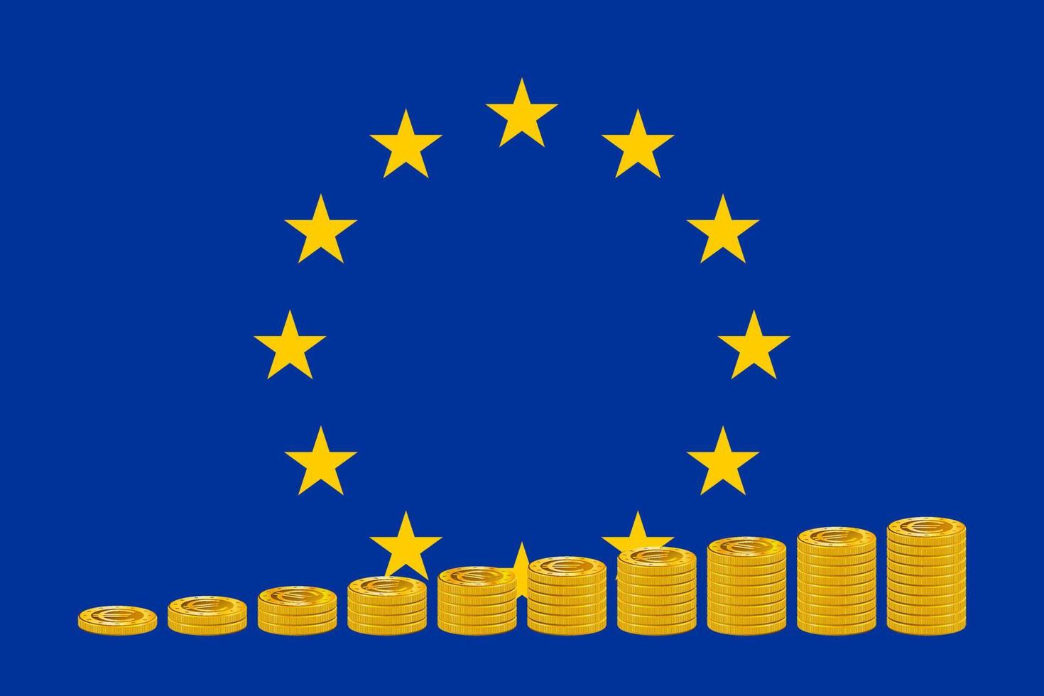piles de pièces en euros de couleur dorée sur le fond du drapeau de l'ue. vecteur