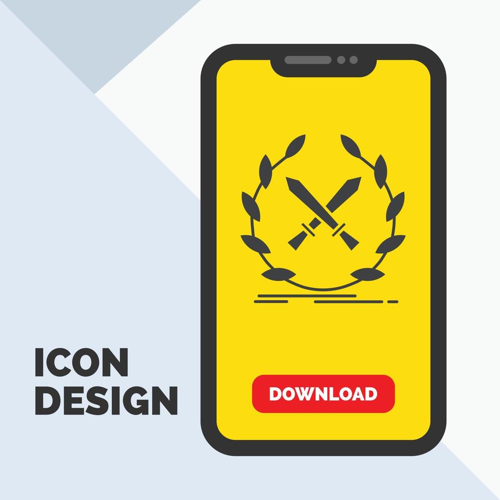bataille. emblème. Jeu. étiquette. icône de glyphe d'épées dans la page de téléchargement mobile. fond jaune vecteur