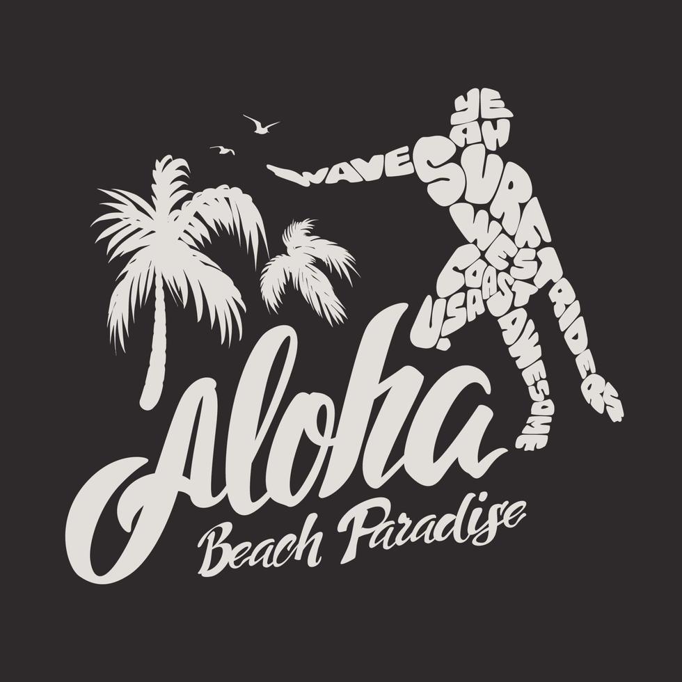 typographie aloha avec illustration de surfeur pour impression de t-shirt, illustration vectorielle. peut être utilisé pour l'impression de t-shirt, l'impression de tasse, les oreillers, la conception d'impression de mode, les vêtements pour enfants, la fête prénatale, les salutations et les cartes postales vecteur