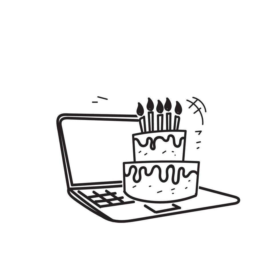 gâteau d'anniversaire doodle dessiné à la main sur le vecteur d'illustration d'ordinateur portable