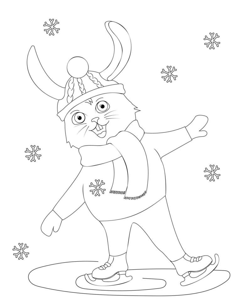 page de coloriage d'un patinage de lapin de dessin animé mignon vecteur