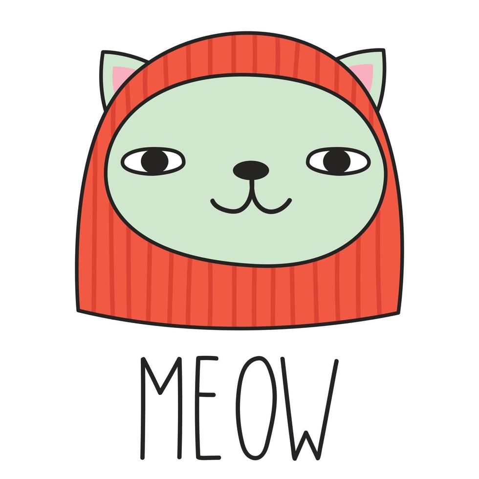 chat mignon dans une cagoule rouge et lettrage miaou. style de griffonnage. illustration vectorielle vecteur