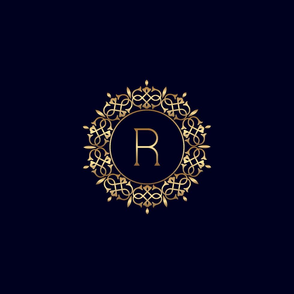 r logo de luxe royal orné d'or vecteur