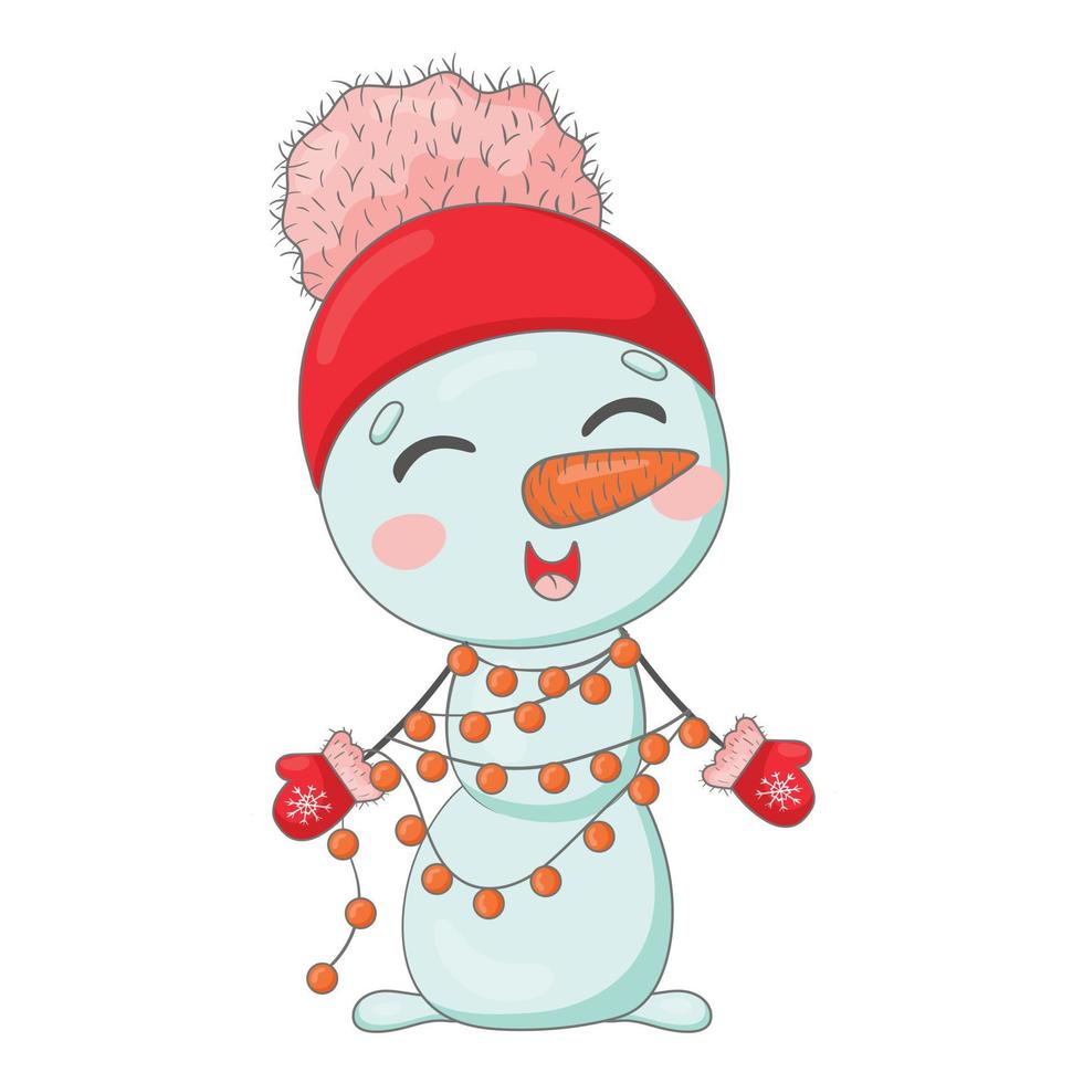 bonhomme de neige dessin animé mignon dans un bonnet tricoté rouge enveloppé d'une guirlande du nouvel an vecteur