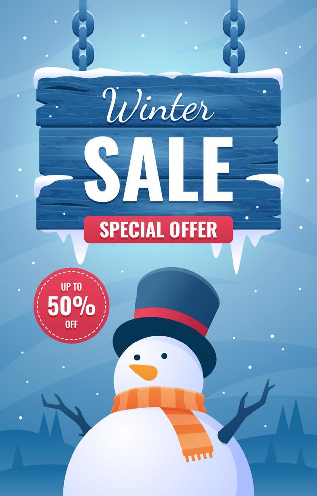 modèle d'affiche de soldes d'hiver avec bonhomme de neige vecteur