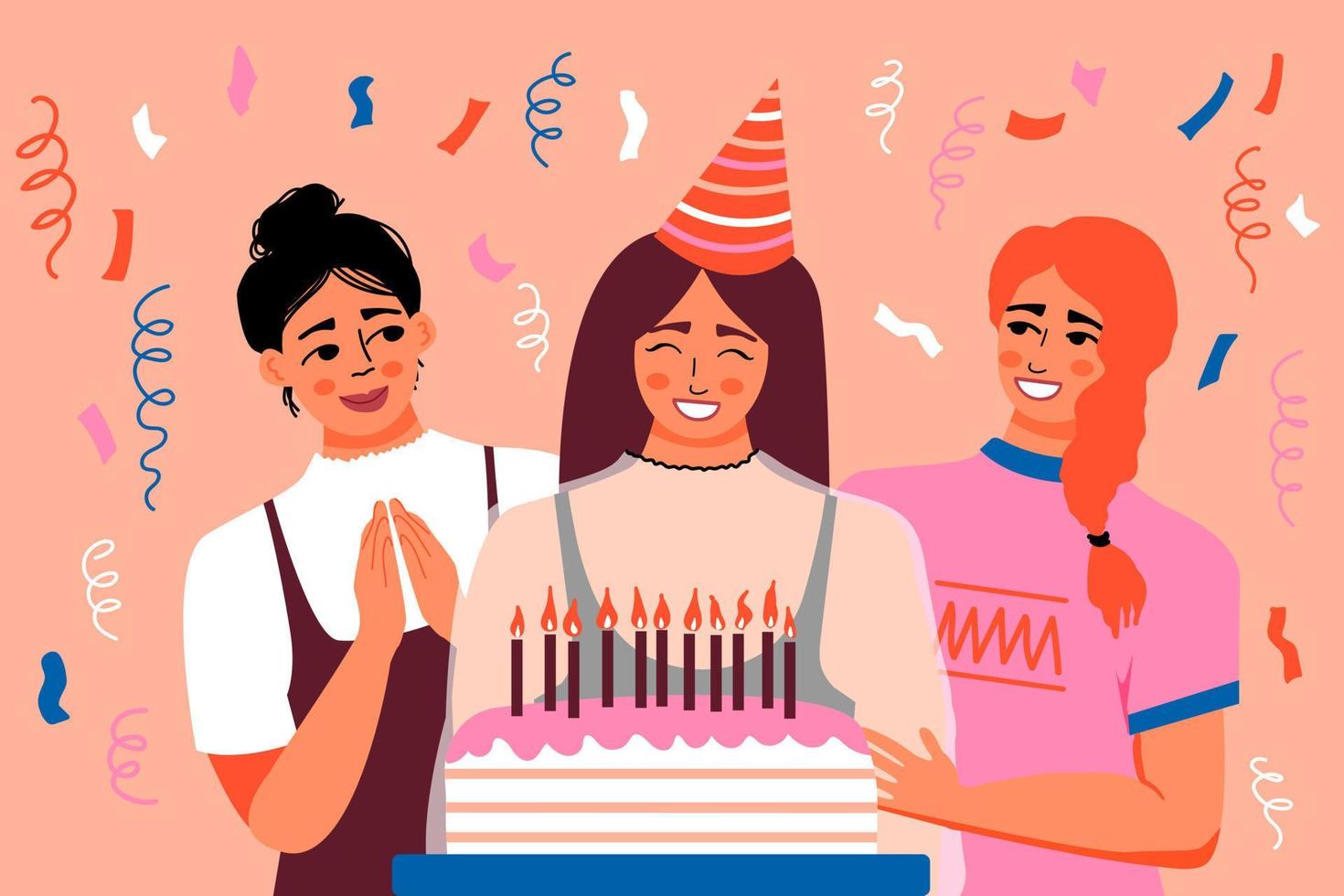 Bon anniversaire. femmes avec gâteau d'anniversaire et fête. vecteur