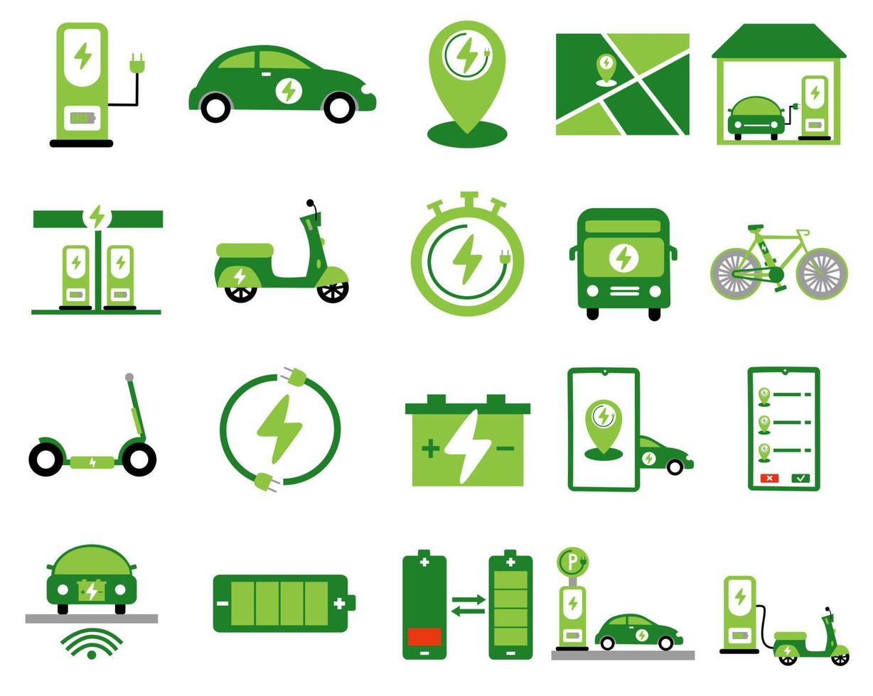 jeu d'icônes de véhicule électrique. vecteur d'illustration ev telle que voiture électrique, bus, moto et autres