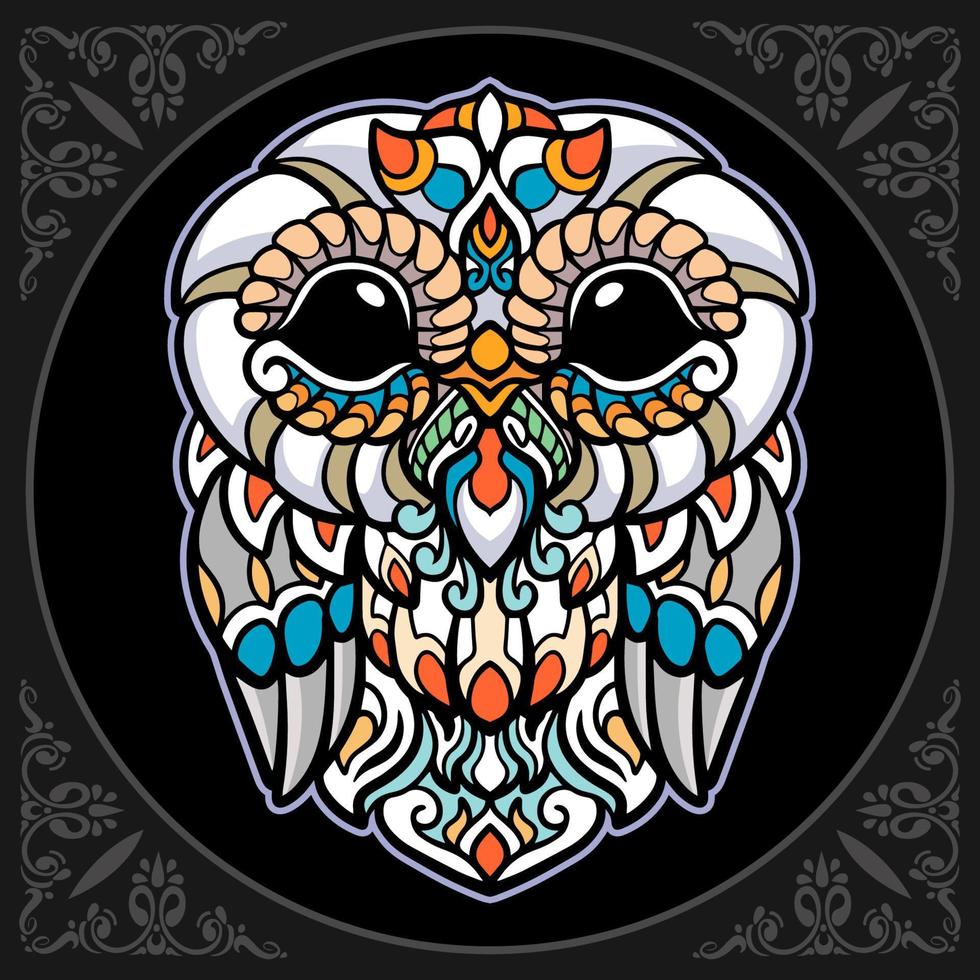 arts de mandala oiseau hibou coloré isolé sur fond noir vecteur