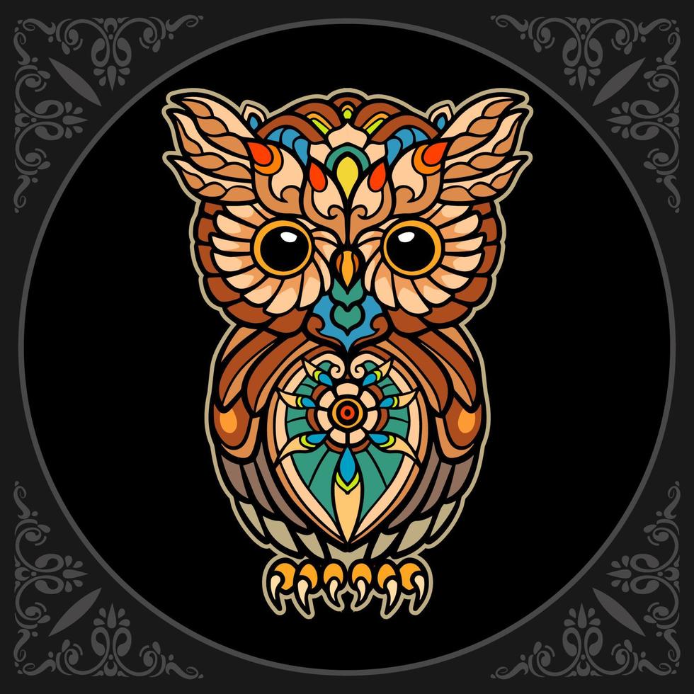 arts de mandala oiseau hibou coloré isolé sur fond noir vecteur