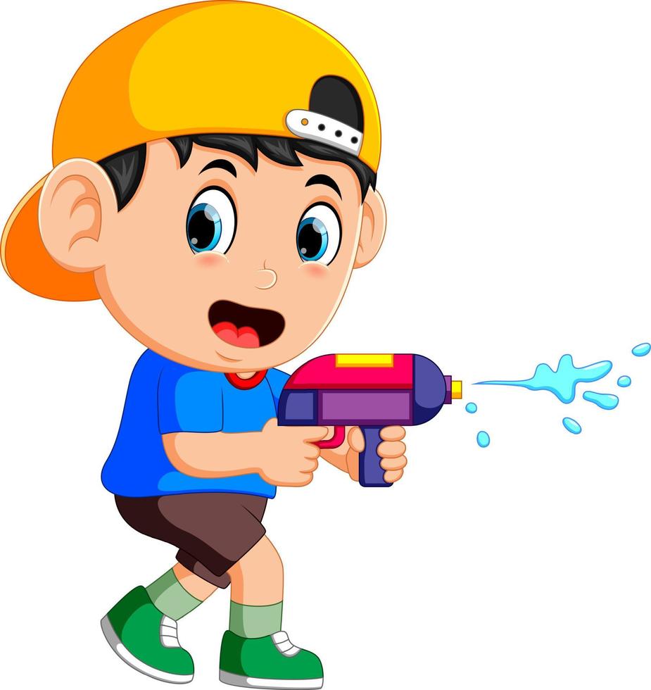 garçon jouant avec un pistolet à eau vecteur