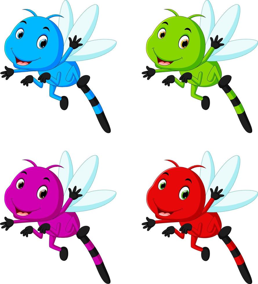 libellule avec différentes expressions faciales et différentes couleurs vecteur