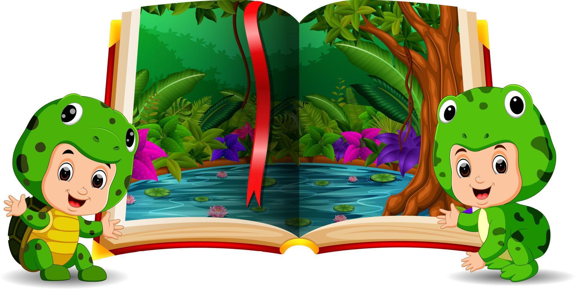 forêt dans le livre et enfants portant un costume vecteur